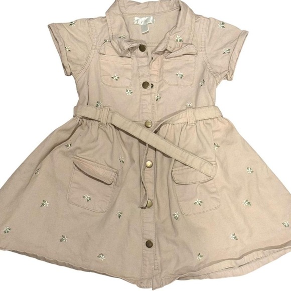 Nanette Baby Other - Nanette Girls Size 6 Khaki Shirt Dress Embroidered Floral Belted Button Front